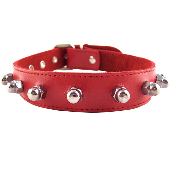 Rouge Red Leather Metal Nut Stud Collar Cute Submissive Bondage Goth Slave BDSM