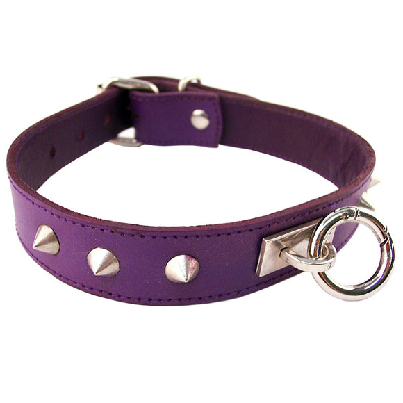 Rouge Garments Purple Leather Metal Stud O-Ring Collar Goth Submissive Bondage Slave BDSM