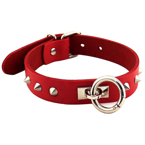 Rouge Garments Red Leather Metal Stud O-Ring Collar Goth Submissive Bondage Slave BDSM