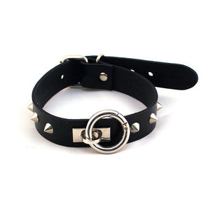 Rouge Black Leather Metal Stud O-Ring Collar Goth Submissive Bondage Slave BDSM