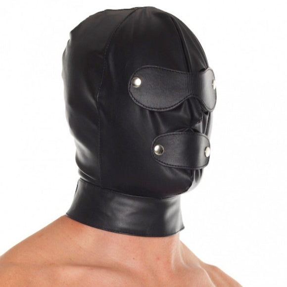 Rimba Black Leather Bondage Hood Full Face Gimp Mask with Detachable Blinkers BDSM