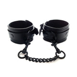 Rouge Garments Plain Black Leather Wrist Cuffs Adjustable Buckle Restraints Bondage Chain