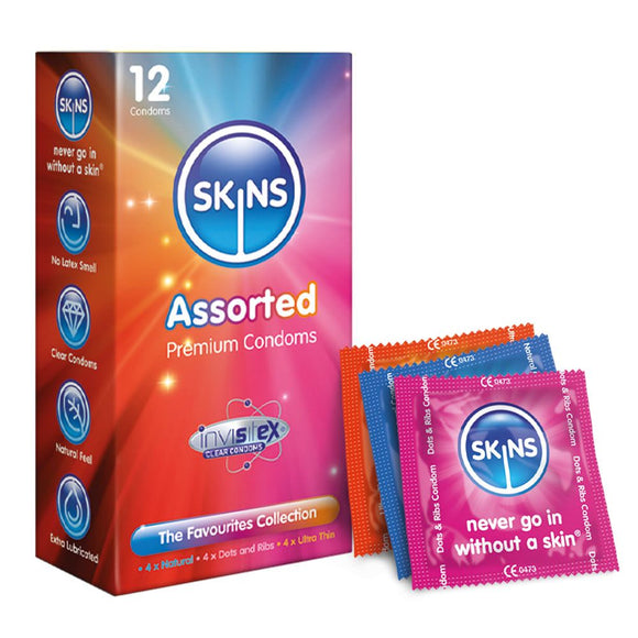 Skins Condoms Assorted 12 Pack Mix Lubricated Latex Natural Safe Sex Prophylactic