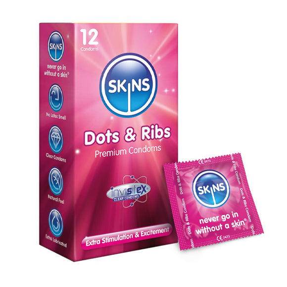 Skins Dots & Ribs Premium Condoms 12 Pack Lubricated Latex Safe Sex Stimulation Prophylactics
