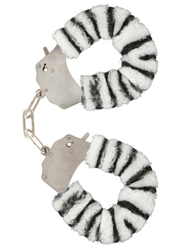 ToyJoy Furry Fun Hand Cuffs Zebra Print Plush Heavy Duty Metal Wrist Bondage Sex Play