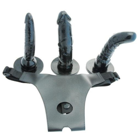 Strap On 3 Dildo Harness Set Black Jelly Penis Kit Adjustable Couples Sex Toy