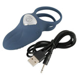 Rechargeable Blue Silicone Vibrating Double Cock Ring Scrotum Loop Clitoral Toy