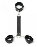 Rimba Black Leather Neck To Wrist Back Cuffs Collar Hand Restraints Bondage Play